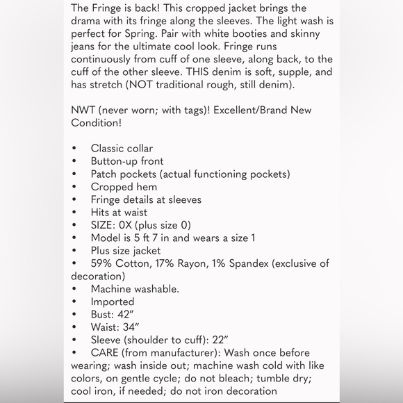 NWT Fashion to Figure Ruthie Fringe Denim Trucker Jacket. Plus size 2 avail - Picture 8 of 16